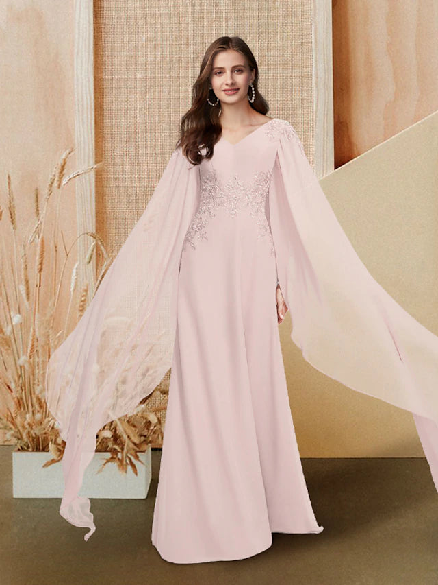 Luolandi A-Line Elegant Cute Prom Formal Evening Dress V Neck Long Sleeve Floor Length Chiffon